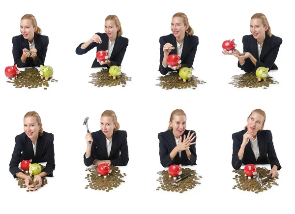 Woman breaking piggy bank for savings — Stock Photo, Image