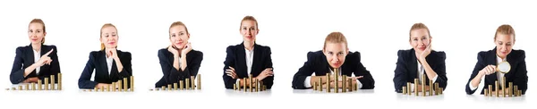 Vrouw zakenman met munten op wit — Stockfoto