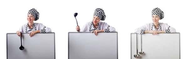 Kobieta szef kuchni w kolaże na białym — Zdjęcie stockowe