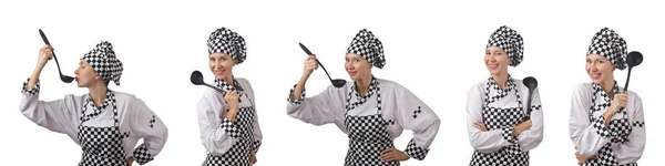 Kvinna kock i collage på vitt — Stockfoto