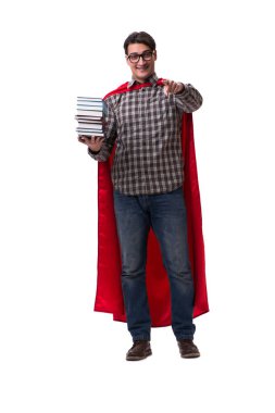 Kitapları beyaza ayrılmış süper kahraman öğrenci.