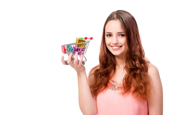 Jeune femme avec panier isolé sur blanc — Photo