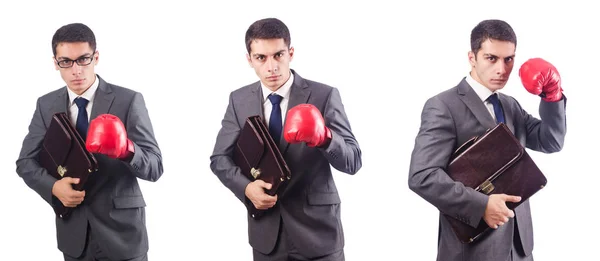 Young businessman with briefcase and box gloves  isolated on whi — Stock Photo, Image