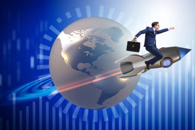 Küresel iş kavramı içinde roket üzerinde işadamı