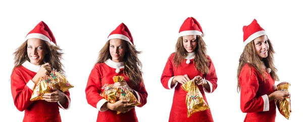 Santa dziewczyna z giftboxes na białym — Zdjęcie stockowe