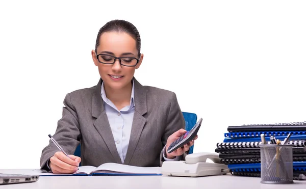 Jeune femme d'affaires au bureau isolée sur blanc — Photo