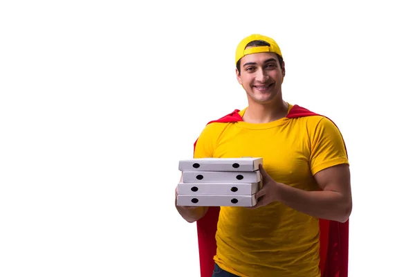 Super héroe pizza repartidor chico aislado en blanco — Foto de Stock