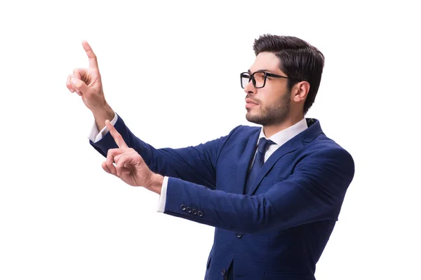 Joven empresario presionando botones virtuales aislados en blanco —  Fotos de Stock