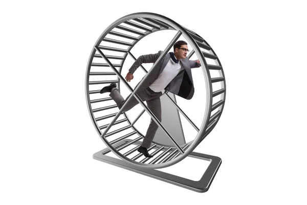 Affärsidén med affärsmannen körs på hamsterhjulet — Stockfoto