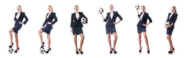 Femme d'affaires avec football sur blanc — Photo