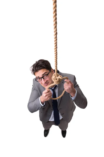 Man committing suicide through hanging himself isolated on white — Stock Photo, Image