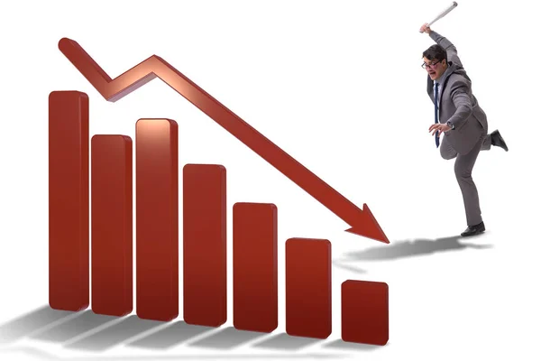 Pria pemarah dengan pemukul baseball memukul ke bawah grafik — Stok Foto