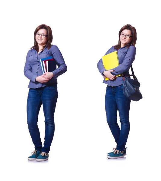 Girl student with books on white — Stock Photo, Image