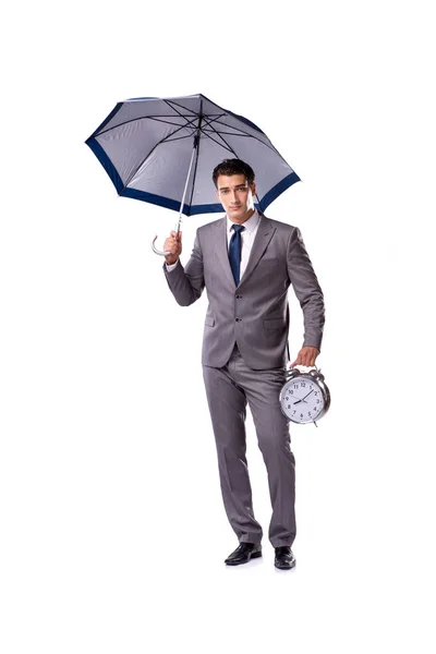 Uomo d'affari con ombrello isolato su sfondo bianco — Foto Stock