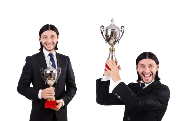Businessman awarded with prize cup isolated on white — Stock Photo, Image