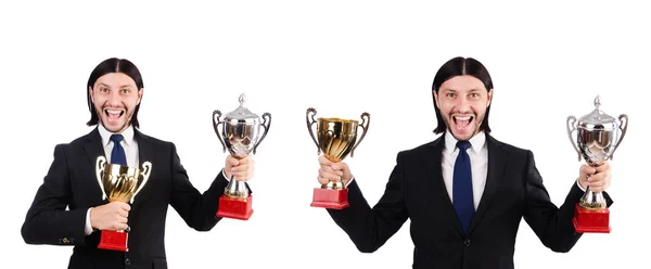 Empresario galardonado con premio taza aislado en blanco — Foto de Stock