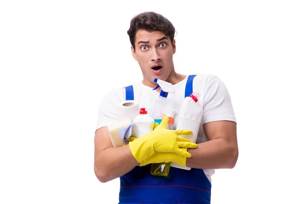 Man with cleaning agents isolated on white background — Stock Photo, Image