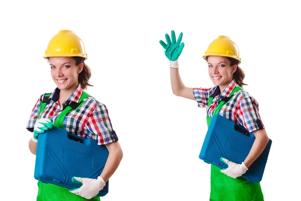 Jeune femme avec boîte à outils sur blanc — Photo