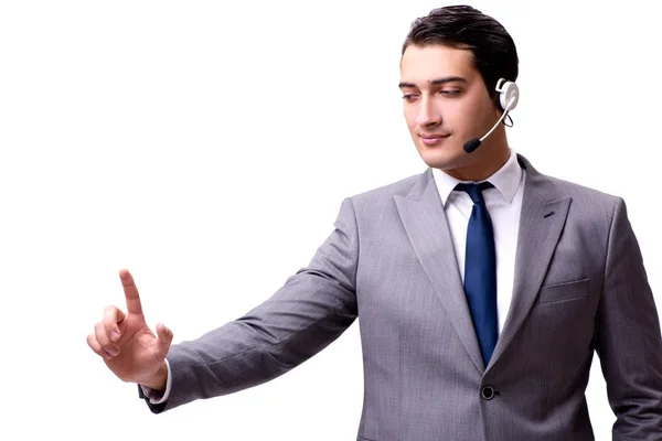 Homem bonito com fone de ouvido isolado em branco — Fotografia de Stock