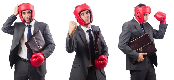 Joven hombre de negocios con maletín y guantes aislados en whi — Foto de Stock