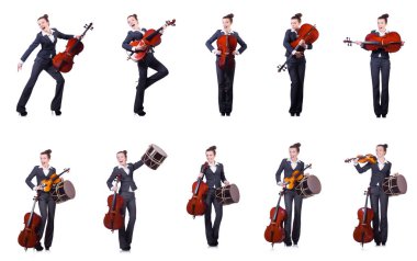 iş kadını ile üzerine beyaz izole violing