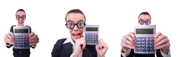 Nerd female accountant with calculator — Stock Photo, Image