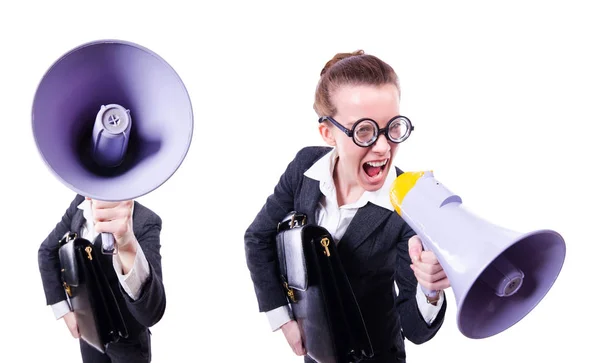 Young businessman with loudspeaker on white — Stock Photo, Image