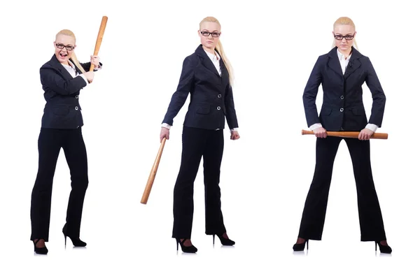 Businesswoman with baseball bat on white — ストック写真