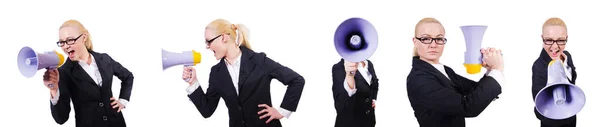 Kvinna affärskvinna med högtalare på vit — Stockfoto