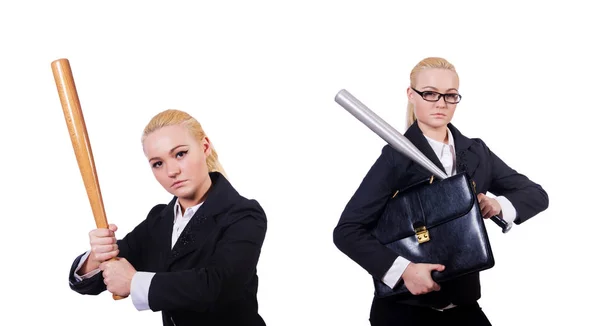 Businesswoman with baseball bat on white — ストック写真