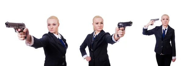 Frau mit Waffe isoliert auf Weiß — Stockfoto