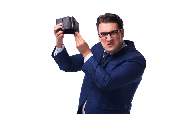 Bankrupt broke businessman with empty wallet on white background — Stock Photo, Image