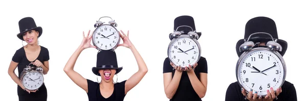 Mujer joven con reloj aislado en blanco —  Fotos de Stock