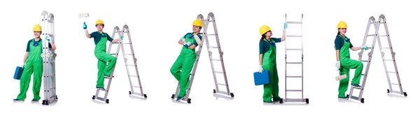 Female construction worker with toolkit and ladder — Stock Photo, Image