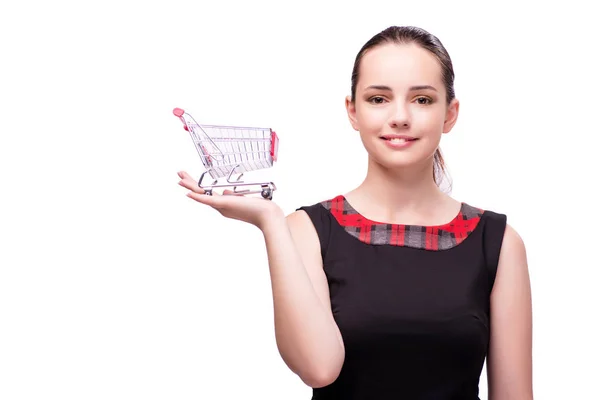 Junge Frau mit Einkaufswagen isoliert auf weiß — Stockfoto
