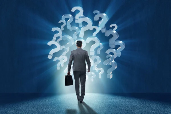 Businessman in uncertainty concept with question marks — Stock Photo, Image