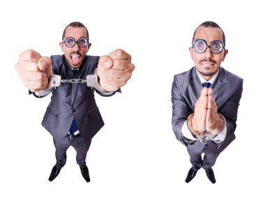 beyaz üzerine kelepçe ile komik iş adamı