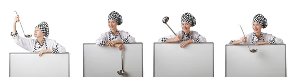 Vrouwelijke chef in collages op wit — Stockfoto