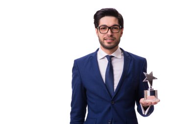 Hipster işadamı beyaz izole ödül alma
