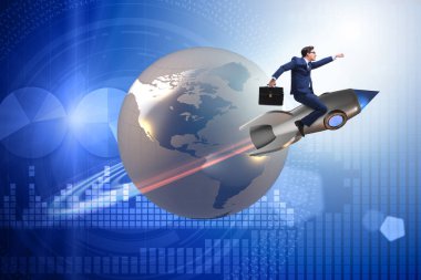 Küresel iş kavramı içinde roket üzerinde işadamı