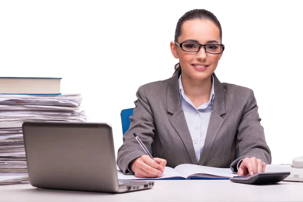 Jeune femme d'affaires au bureau isolée sur blanc — Photo