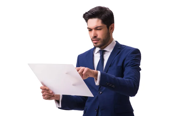 Empresário trabalhando em comprimido isolado no fundo branco — Fotografia de Stock