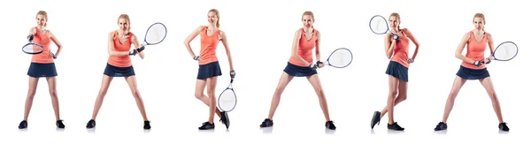 Mladá žena hraje tenis izolované na bílém — Stock fotografie