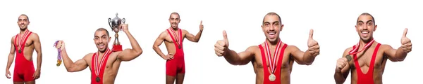 Beyaz arka plan üzerinde izole Kırmızı elbiseli güreşçi — Stok fotoğraf