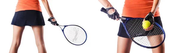 Joven jugando tenis aislado en blanco —  Fotos de Stock