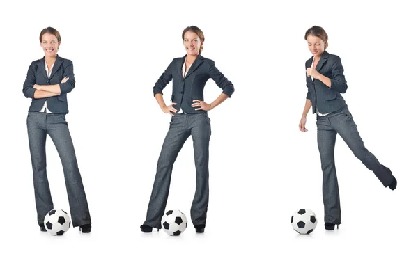 Businesswoman with football on white — Stock Photo, Image