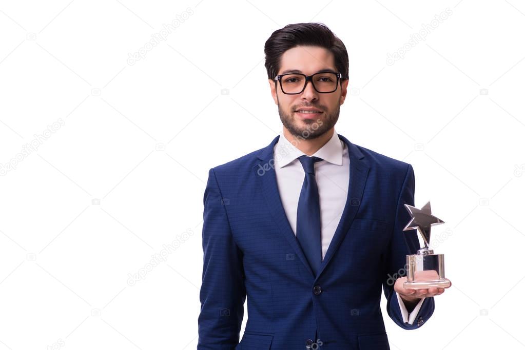 Hipster businessman receiving award isolated on white