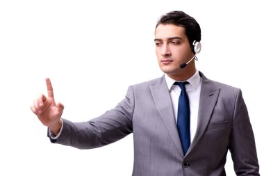 Beyaz izole kulaklık ile yakışıklı adam