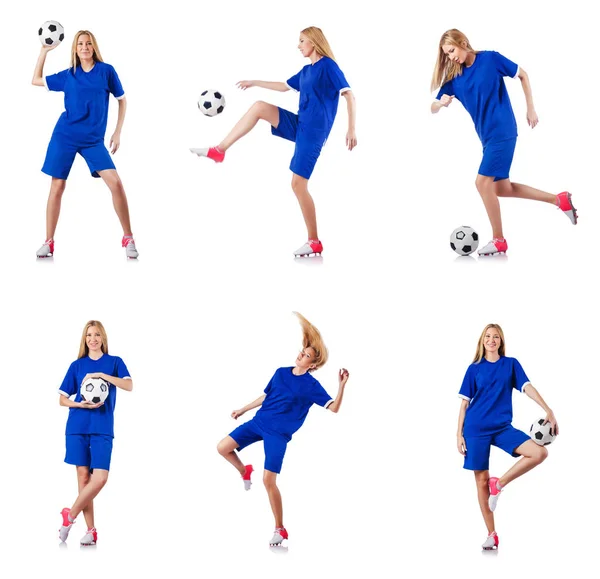 Frau spielt Fußball auf Weiß — Stockfoto