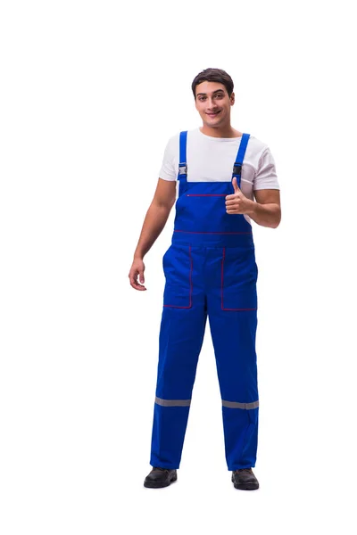 Stilig reparatör bär blå overaller på vit — Stockfoto